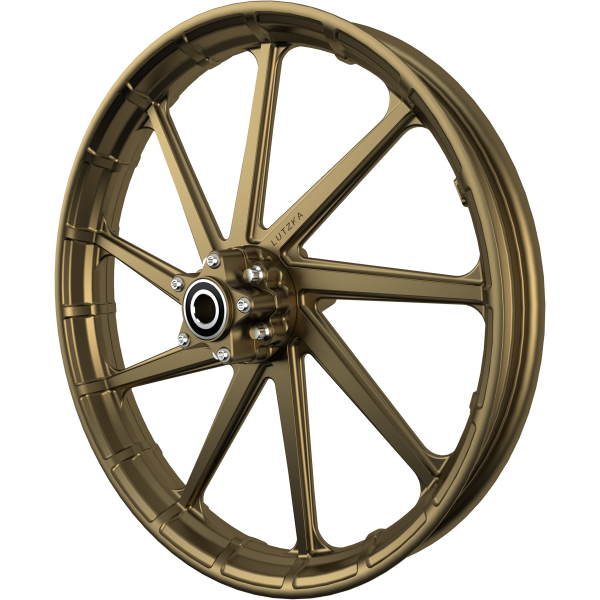 Lutzka Custom Motorcycle Wheel in Bronze side view