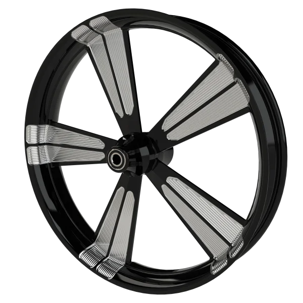 Contraband custom motorycycle wheel in black contrasting cut
