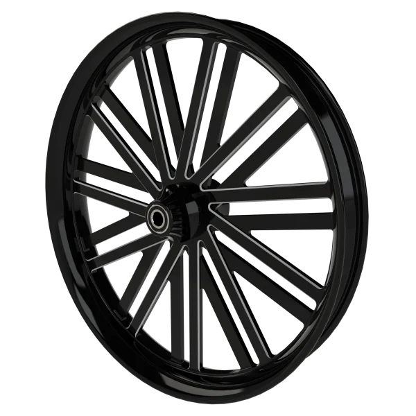 Dirty Deeds custom motorycycle wheel in black contrasting cut