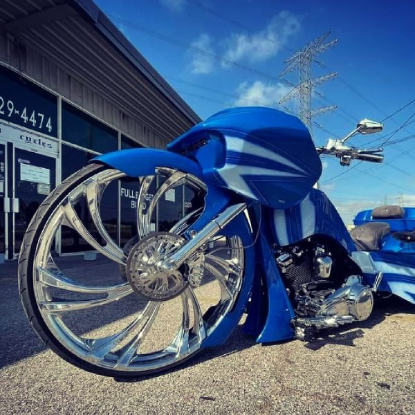 Chrom 3D V Arm Harley Road Glide Bagger Motorcycle Wheel gallery image 10 1200 x 1200