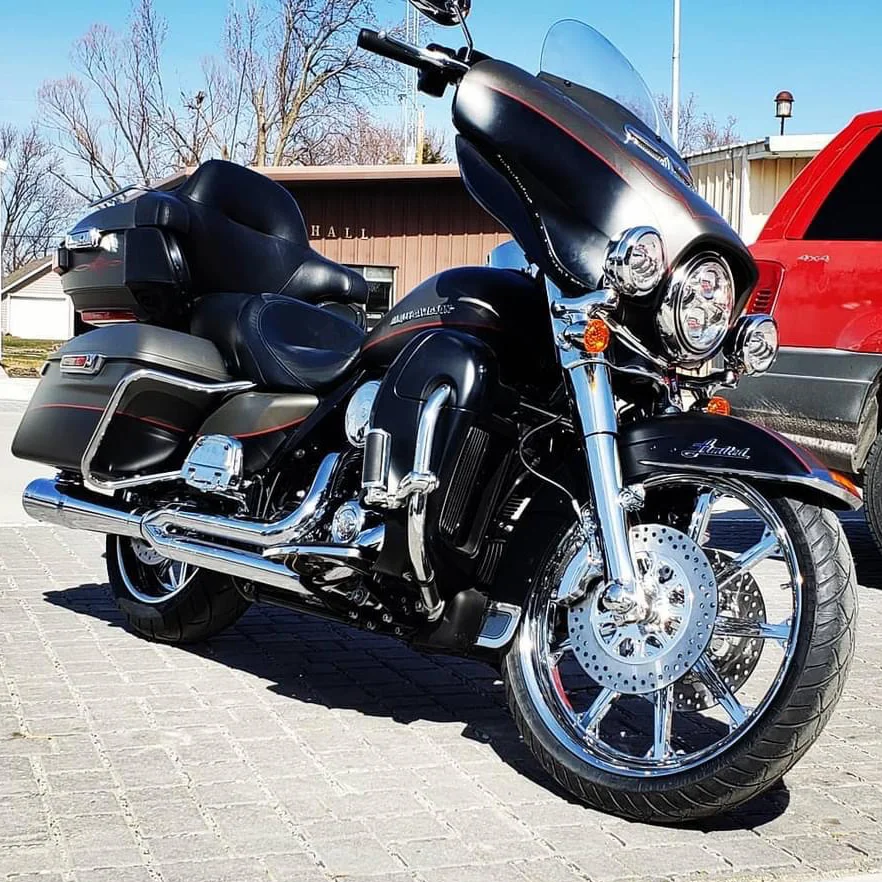 High Stakes custom motorcycle wheel on a Harley Ultra Glide