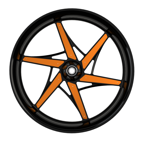 Gt6sixer custom motorcycle wheel in black with orange inserts