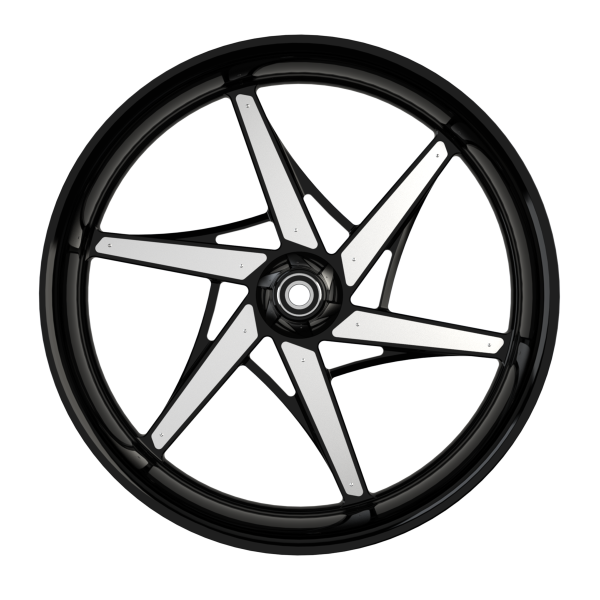 Gt6sixer custom motorcycle wheel in black with raw silver inserts